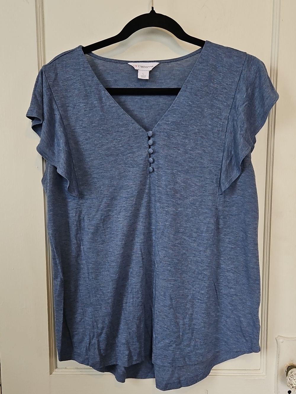 Liz Claiborne Heathered Blue V-Neck Flutter Sleeve Top- L
